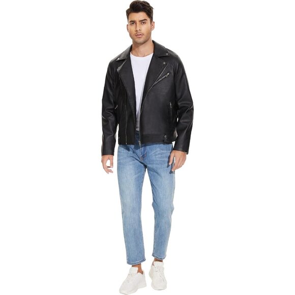 Men Black Faux Leather Biker Jacket Slim Fit Motorcycle Bomber Zip Up Coat - Picture 2 of 6